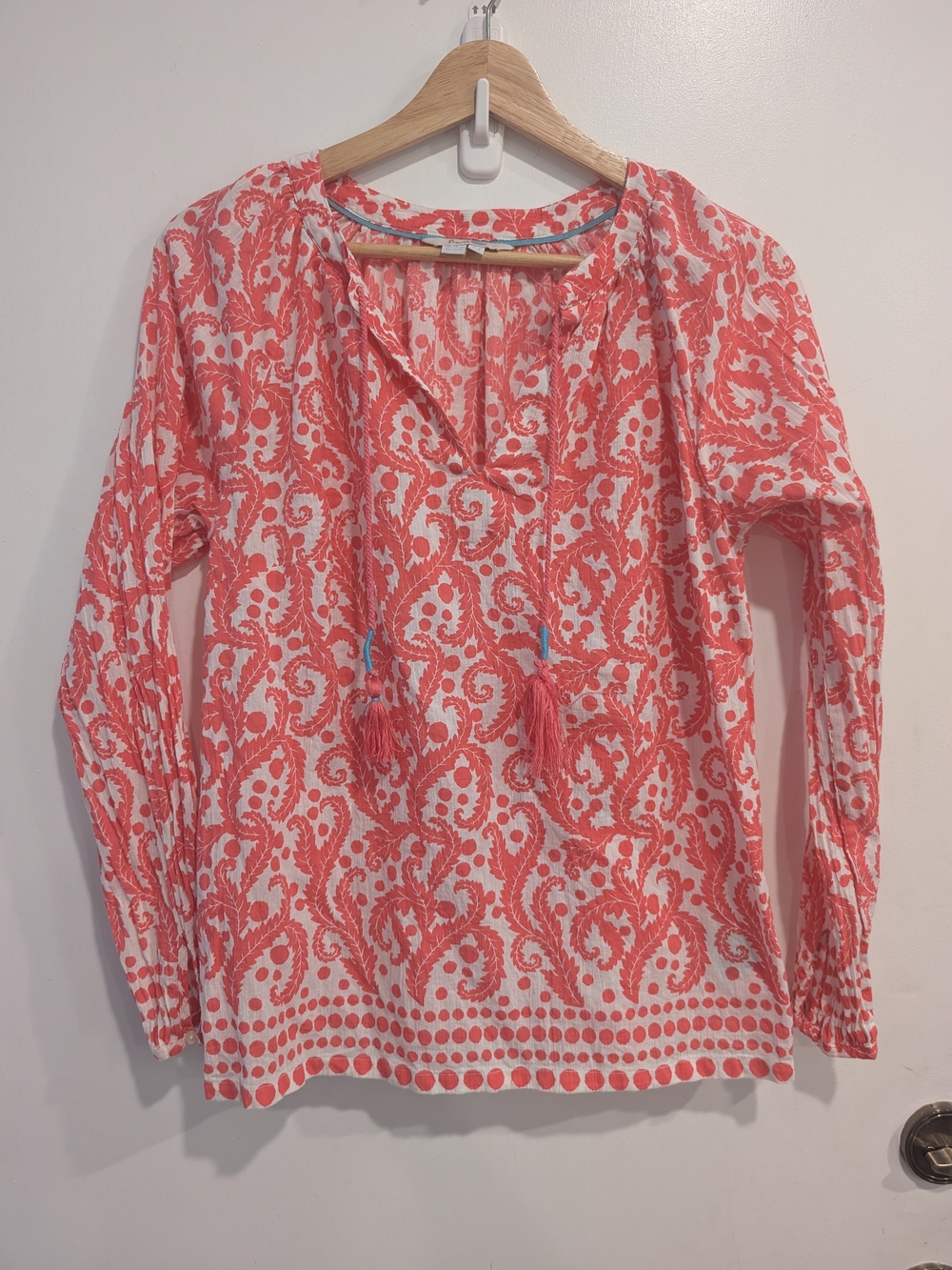 Boden Coral & White Paisley V-neck Tassel Peasant Gauzy Blouse Top Size 6